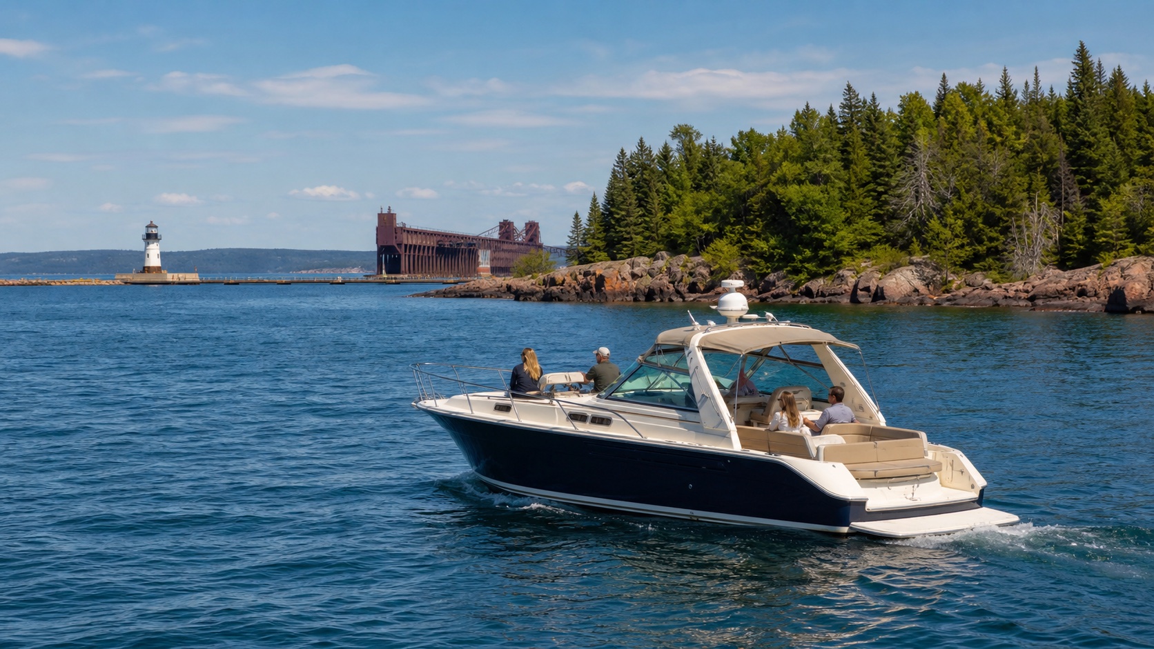 Private Marquette boat tour cruising on Lake Superior near the harbor lighthouse
