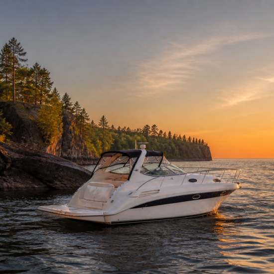 Private boat cruising along Marquette's rocky Lake Superior shoreline