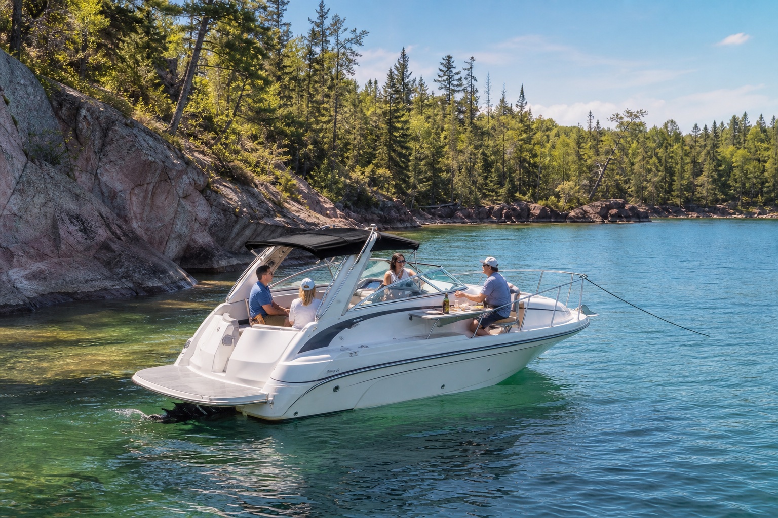 Private Marquette picnic boat cruise anchored by the rocky Lake Superior shoreline
