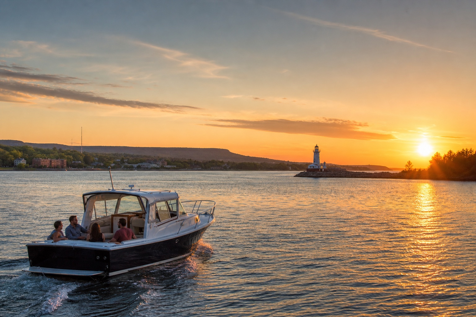 Private Marquette sunset boat tour cruising past the Lake Superior lighthouse